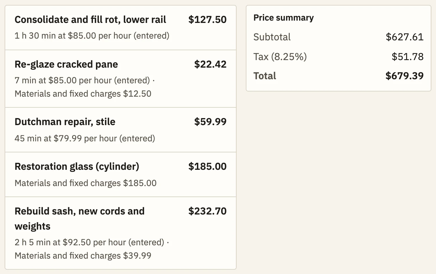 Five priced lines, from consolidating rot in the lower rail to rebuilding a sash with new cords and weights: subtotal $627.61, 8.25% tax $51.78, total $679.39.