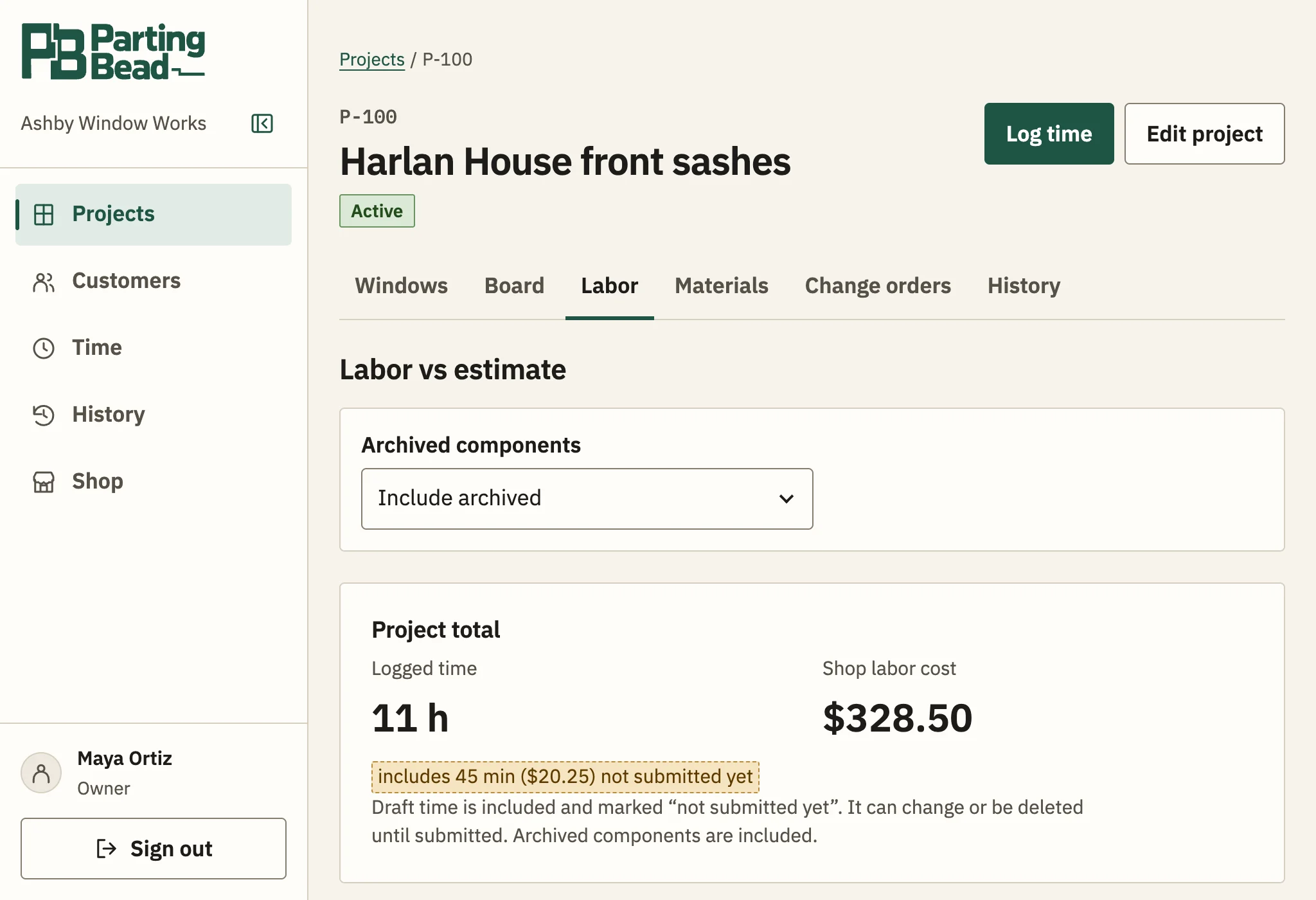 Parting Bead labor report for the job Harlan House front sashes: 11 hours and $328.50 of shop labor, including 45 minutes not submitted yet.