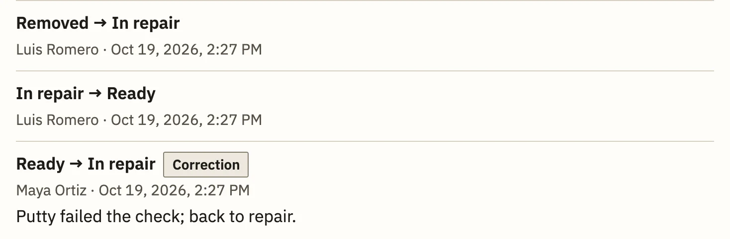 The upper sash's history: removed to in repair, in repair to ready, then a correction back to repair by Maya Ortiz because the putty failed the check.