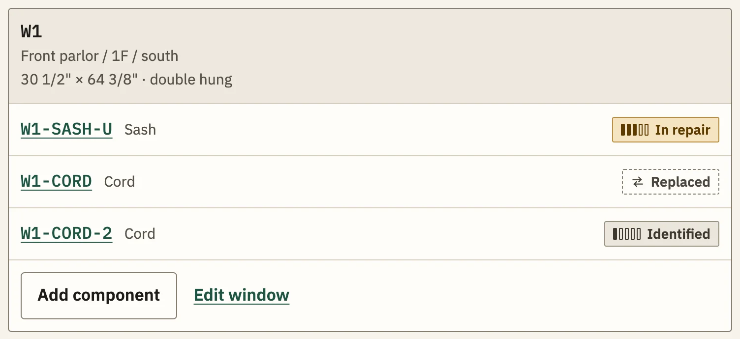 Window W1, front parlor, 30 1/2 by 64 3/8 inches, double hung, with its parts: an upper sash in repair, a replaced cord and a new cord.